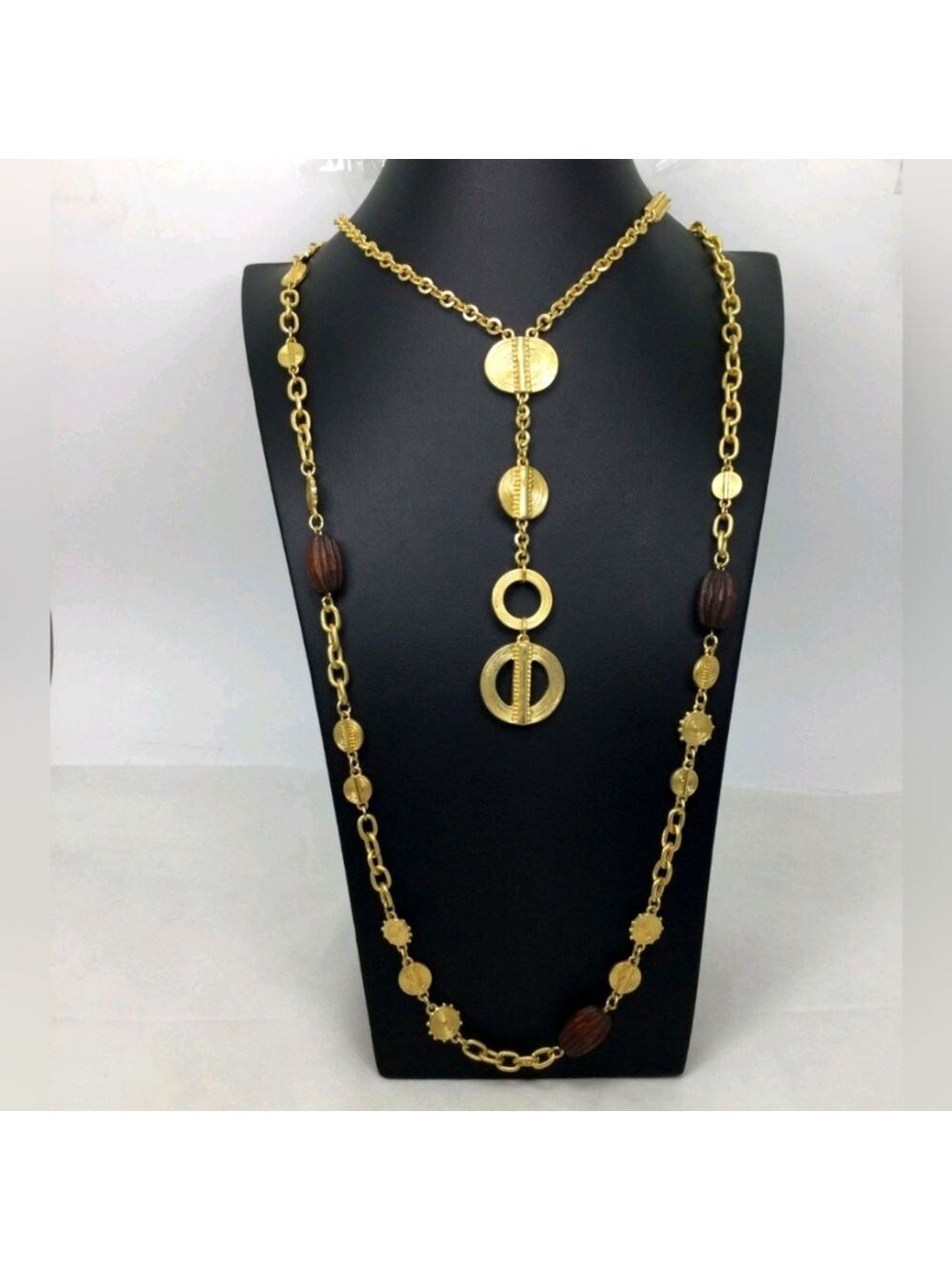Chico's Goldtone & Wooden Double Strand Statement Necklace – 38" EUC